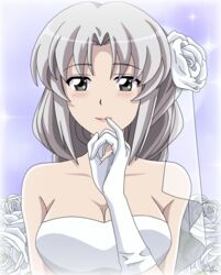  bad_id bad_pixiv_id bare_shoulders blush braid breasts bride cleavage closed_mouth commentary_request dress female flower gloves grey_eyes grey_hair hair_flower hair_ornament hand_up large_breasts long_hair looking_at_viewer lunamoon_(style) purple_background remyfive rose sleeveless smile solo starry_background touhou wedding_dress white_dress white_flower white_gloves white_rose yagokoro_eirin 