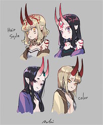  alternate_hair_color alternate_hair_length alternate_hairstyle black_hair blonde_hair color_switch commentary fate/grand_order fate_(series) horns ibaraki_douji_(fate) isagiyo oni pointy_ears purple_eyes shuten_douji_(fate) skin-covered_horns symbol-only_commentary yellow_eyes 