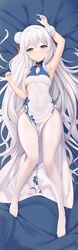  absurdres alternate_costume arm_up armpits azur_lane bare_arms bare_shoulders blue_eyes breasts china_dress chinese_clothes cleavage_cutout clothing_cutout covered_navel dakimakura_(medium) double_bun dress feet female frown full_body hair_bun hand_up highres le_malin_(azur_lane) long_hair looking_at_viewer lying md5_mismatch no_shoes on_back pantyhose parted_lips pelvic_curtain shenqi_(toid310) sleeveless sleeveless_dress small_breasts solo sparkling_eyes thighs toes very_long_hair white_dress white_hair white_pantyhose 