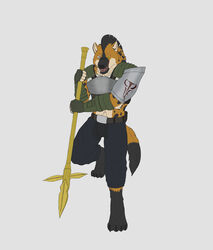  2020 5_fingers absurd_res action_pose anthro armor black_hair black_nose bottomwear clothing colored fingers fur gnoll hair hi_res hyena male mammal melee_weapon open_mouth orange_body orange_fur pants polearm pose solo spear teeth tongue unfinished weapon wolfarion yellow_eyes 