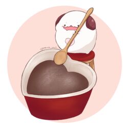  7mb_yut animal animal_focus artist_name candy chocolate commentary facial_hair food heart heart-shaped_chocolate holding holding_spoon horns league_of_legends moustache no_humans poro_(league_of_legends) spoon standing stool tongue tongue_out two-tone_background v-shaped_eyebrows white_background wooden_spoon 