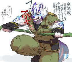  angry anthro canid canine clothing facial_markings fingerless_gloves fur gloves handwear head_markings hi_res japanese_text kzy_r9877 lifewonders live_a_hero male mammal markings military_uniform plant sadayoshi solo tearing text translation_request uniform vine_tentacles vines white_body white_fur 