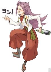  blouse blush bottle closed_eyes commentary_request dress_shirt drunk female full_body genba_neko_(meme) hakama hakama_pants japanese_clothes jun&#039;you_(kancolle) jun&#039;you_kai_ni_(kancolle) kantai_collection long_hair magatama meme nose_blush open_mouth pants pointing profile purple_hair red_hakama red_pants sake_bottle shigoto_neko shirt smile solo spiked_hair translated yamashichi_(mtseven) 