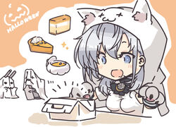  alternate_costume animal_hands animal_hood box cake chou-10cm-hou-chan_(suzutsuki&#039;s) commentary_request female food ghost gloves grey_eyes grey_hair halloween halloween_costume hood kantai_collection long_hair nakadori_(movgnsk) open_mouth paw_gloves pie smile suzutsuki_(kancolle) upper_body 