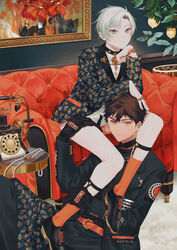  2boys absurdres antique_phone bare_legs belt black_choker black_footwear black_gloves black_jacket blue_eyes blue_hair blue_jacket brooch brown_hair choker closed_mouth commentary couch food fruit fruit_tree gloves hand_on_another&#039;s_head hand_on_another&#039;s_thigh highres indoors inuzumi_shibahiko_(megechan) jacket jewelry kowata_shunki_(megechan) legs_on_another&#039;s_shoulders lemon long_sleeves looking_at_viewer male_focus mege_(megechan) multiple_boys multiple_rings necklace on_couch on_floor orange_socks original painting_(object) parted_lips pearl_necklace phone plant potted_plant red_eyes ring romaji_commentary rotary_phone short_hair sitting socks tree unworn_jewelry unworn_necklace watch wristwatch yaoi 