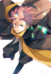  1boy black_legwear black_pants blue_eyes coat commentary_request copyright_name hair_between_eyes highres id_:invaded long_sleeves looking_at_viewer male_focus narihisago_akihito pants pink_hair running scarf spiked_hair takerusilt white_background yellow_scarf 