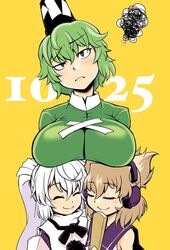  3girls bare_shoulders blush breast_rest breasts breasts_day breasts_on_head closed_eyes closed_mouth commentary_request cross-laced_clothes dress earmuffs eyelashes green_dress green_eyes green_hair hat head_tilt highres holding japanese_clothes kagehito kariginu large_breasts light_brown_hair lips long_hair long_sleeves looking_at_viewer mononobe_no_futo multiple_girls pointy_hair pom_pom_(clothes) ponytail ritual_baton sailor_collar shirt short_hair simple_background sleeveless sleeveless_shirt smile soga_no_tojiko squiggle standing tate_eboshi touhou toyosatomimi_no_miko white_hair yellow_background 