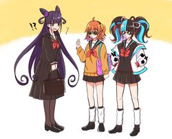  3girls ahoge alternate_costume bag chewing_gum commentary_request cone_hair_bun fate/grand_order fate_(series) fujimaru_ritsuka_(female) hair_bun hands_in_pockets long_hair moyashi_(momoyashi_321) multicolored_hair multiple_girls murasaki_shikibu_(fate) orange_hair pantyhose pleated_skirt purple_hair school_bag school_uniform sei_shounagon_(fate) side_ponytail skirt sunglasses twintails 