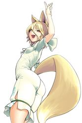  animal_ears arm_up blonde_hair blush bow breasts commentary_request covered_navel dress dress_bow eyelashes feet_out_of_frame female fingernails fox_ears fox_girl fox_shadow_puppet fox_tail from_below green_ribbons hair_between_eyes kagehito knees kudamaki_tsukasa long_fingernails looking_at_viewer looking_down medium_breasts oerba_yun_fang pantylines raised_eyebrows ribbon romper short_hair simple_background skin_fang smile solo standing tail thighs tongue touhou uneven_eyes white_background white_dress white_romper 