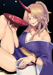  \||/ arm_up bare_shoulders black_background black_choker blonde_hair blue_kimono blush breasts choker cleavage collarbone commentary_request cup eyelashes fangs female fingernails from_side holding holding_cup horns hoshiguma_yuugi hoshiguma_yuugi_(kimono) japanese_clothes kagehito kimono large_breasts long_hair long_sleeves looking_at_viewer obi oni parted_bangs pointy_ears ponytail red_eyes red_horns red_rope rope sakazuki sash sharp_fingernails sharp_teeth shiny_skin simple_background single_horn solo star_(symbol) star_print teeth thighs tokkuri touhou wide_sleeves yellow_sash 