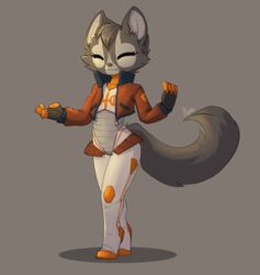  alternative_fashion anthro canid canine closed_eyes clothing cyberpop digital_media_(artwork) female feretta fox fur grey_body grey_fur hi_res j-fashion jacket mammal red_fox shaded silver_fox simple_background solo space_vixen spacesuit tale_of_tails topwear true_fox vixavil_hayden webtoon 