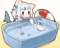  animal animal_ears bath bathtub bird blush cat_smile catgirl chibi cropped duck fish gawr_gura gray_hair hololive same_anko short_hair swim_ring tail water 