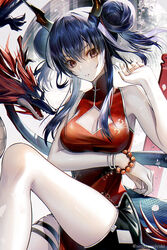  arknights arm_under_breasts bare_legs bare_shoulders black_shorts blue_hair blush breast_rest breasts ch&#039;en_(ageless_afterglow)_(arknights) ch&#039;en_(arknights) chinese_clothes cleavage_cutout clothing_cutout commentary_request double_bun dragon dragon_girl dragon_horns dragon_tail dress expressionless female floral_print hair_between_eyes hair_bun hand_up highres horns knee_up long_hair looking_at_viewer medium_breasts parted_lips partial_commentary print_dress red_dress red_hair senju_yosiyuki short_shorts shorts shorts_under_dress sitting sleeveless sleeveless_dress slit_pupils staring tail thigh_strap 