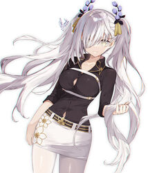  alternate_costume black_shirt breasts commentary_request cowboy_shot dutch_angle female floral_print flower flower_knight_girl grey_hair hair_flower hair_ornament hair_over_one_eye long_hair long_sleeves looking_at_viewer pantyhose satsuki_misuzu shirt signature simple_background smile solo tatsutasou_(flower_knight_girl) twintails white_background white_pantyhose yellow_eyes 