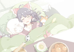  ^_^ ahoge animal backlighting black_hair blunt_bangs blush bow cat_teaser closed_eyes cup cushion downscaled drink drooling dutch_angle eyebrows facing_viewer feline female food frilled_bow frilled_hair_tubes frills from_above fruit green_tea grey_cat hair_spread_out hair_tubes hairbow hakurei_reimu hand_up hanten_(clothes) indoors kotatsu light_particles mandarin_orange mouse_(animal) muted_color on_floor open_mouth orange_cat pale_color red_bow resized sakuraba_yuuki saliva short_hair_with_long_locks sidelocks sleeping solo stuffed_animal stuffed_shrimp stuffed_toy sunlight swept_bangs table tatami tea teapot touhou u_u under_kotatsu under_the_table upper_body white_cat wing_collar 