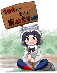  :d alternate_costume animal_ears black_hair blush_stickers bow bowtie brown_eyes casual commentary_request common_raccoon_(kemono_friends) contemporary day extra_ears female full_body fur_collar grey_hair highres holding holding_sign indian_style kemono_friends long_sleeves looking_at_viewer medium_hair multicolored_hair oerba_yun_fang open_mouth outdoors pants raccoon_ears raccoon_girl raccoon_tail shoes sidelocks sign sitting smile solo striped_tail sweater tail takamaru_(minamimachi_seisakusho) translated white_hair 