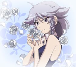  bad_id bad_pixiv_id bare_shoulders blue_background blue_flower blue_rose bow bowtie braid breasts closed_mouth dress eyes_visible_through_hair female floral_background flower hair_between_eyes hands_up izayoi_sakuya looking_at_viewer lunamoon_(style) medium_breasts no_headwear purple_dress purple_hair remyfive rose short_hair sleeveless smile solo touhou twin_braids white_bow white_bowtie white_flower white_rose 