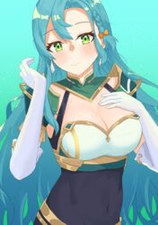  absurdres aqua_background aqua_hair armor blush breastplate breasts chloe_(fire_emblem) commentary covered_navel female fire_emblem fire_emblem_engage gloves green_eyes hand_on_own_chest hands_up highres keaworks large_breasts long_hair looking_at_viewer shoulder_armor smile solo upper_body very_long_hair white_gloves 