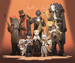  4boys 6+girls absurdres alternate_costume animal_ears black_cape black_coat black_gloves black_hair blonde_hair bondrewd cape coat commentary_request curly_hair faputa full_body gloves hair_between_eyes highres holding horizontal_pupils hunchback instrument jacket knifedragon long_hair looking_at_viewer lyza_(made_in_abyss) made_in_abyss monster_girl multicolored_hair multiple_boys multiple_girls music nanachi_(made_in_abyss) narehate open_mouth orchestra ozen plague_doctor_mask playing_instrument prushka red_eyes regu_(made_in_abyss) riko_(made_in_abyss) saxophone short_hair smile srajo tuba two-tone_hair very_long_hair wakuna white_hair yellow_eyes 