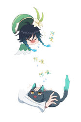  1boy ^^^ aliceseed allergy androgynous animal beret black_hair blue_hair braid chinese_commentary chinese_text closed_eyes commentary feline flower frilled_sleeves frills genshin_impact gradient_hair green_headwear hat highres leaf long_sleeves male_focus multicolored_hair short_hair_with_long_locks sidelocks simple_background sneezing translated twin_braids venti_(genshin_impact) white_background white_flower xiao_(genshin_impact) 