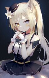  animal_ears arknights bad_id bad_pixiv_id bare_shoulders black_hat black_skirt blonde_hair blue_eyes blue_skirt blush cat_ears closed_mouth commentary female flower gloves grey_eyes hair_flower hair_ornament hairclip hands_up hat heterochromia highres interlocked_fingers long_hair looking_at_viewer mini_hat nightmare_(arknights) nightmare_(light_and_shadow)_(arknights) off-shoulder_shirt off_shoulder official_alternate_costume own_hands_together pleated_skirt shirt side_ponytail skirt smile solo tilted_headwear toufu_mentaru_zabuton upper_body very_long_hair white_flower white_gloves white_shirt yellow_eyes 