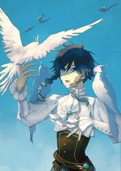  1boy absurdres androgynous animal animal_on_arm animal_on_shoulder ascot bird bird_on_arm bird_on_hand bird_on_shoulder black_hair blue_hair braid brooch commentary_request corset day frilled_sleeves frills gem genshin_impact gradient_hair green_eyes hand_on_own_chest highres jewelry long_sleeves looking_at_viewer male_focus multicolored_hair n.s.egg open_mouth outdoors shirt short_hair_with_long_locks sidelocks simple_background smile solo twin_braids venti_(genshin_impact) vision_(genshin_impact) white_shirt 