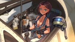  aircraft aks-74u assault_rifle breasts brown_hair cigarette collarbone commentary control_rod dark-skinned_female dark_skin english_commentary erica_(naze1940) female green_eyes gun helicopter helmet highres holding holding_cigarette holding_gun holding_weapon kalashnikov_rifle large_breasts looking_at_viewer medium_hair mi-24 naked_overalls open_mouth original overalls pants rifle shiny_skin sitting smile smoke solo sweat unworn_headwear unworn_helmet very_sweaty weapon 