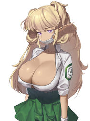  absurdres blonde_hair breasts cleavage dark-skinned_female dark_elf dark_elven_forest_ranger dark_skin elf female green_skirt highres large_breasts last_origin long_hair long_pointy_ears looking_at_viewer mask mask_pull mouth_mask pleated_skirt pointy_ears purple_eyes siguya simple_background skirt solo two_side_up white_background 