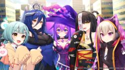  5girls :d alchemilla_menace bangs black_hair black_jacket black_kimono blonde_hair blue_hair blush braid breasts character_request closed_mouth colored_inner_hair copyright_request crossed_bangs cyberlive dress hair_between_eyes hair_rings hands_up horns inami_yoki jacket japanese_clothes kimono konogi_nogi large_breasts long_hair long_sleeves looking_at_viewer multicolored_hair multiple_girls obi oerba_yun_fang ofuda orange_eyes oumiya_emma pink_eyes pink_hair purple_dress purple_eyes purple_hair sash skin_fang sleeves_past_fingers sleeves_past_wrists smile tassel thick_eyebrows yellow_eyes yellow_sash 