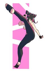  black_hair blue_eyes breasts diagonal_bangs feet female gloves hair_horns heterochromia high_kick highres incoming_kick juri_han kicking lineni multicolored_hair pants partially_fingerless_gloves purple_eyes simple_background stirrup_footwear streaked_hair street_fighter street_fighter_6 tight_clothes tight_pants two-tone_pants underboob 