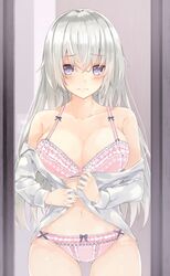  blue_eyes bra breasts embarrassed female highres large_breasts long_hair looking_at_viewer navel original panties pink_bra pink_panties shirt solo standing tomura2maru underwear very_long_hair white_hair white_shirt 