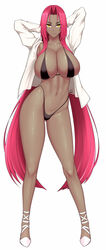  arms_behind_head ass_visible_through_thighs bikini black_bikini breasts dark-skinned_female dark_skin eyes_visible_through_hair female full_body highleg highleg_swimsuit highres huge_breasts ingrid_(taimanin_murasaki) long_hair mole mole_under_mouth open_clothes open_shirt red_hair ryu_seung shirt simple_background solo swimsuit taimanin_(series) taimanin_murasaki very_long_hair white_background white_footwear white_shirt yellow_eyes 