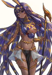  absurdres blonde_hair breasts dark-skinned_female dark_skin egyptian egyptian_clothes fate/grand_order fate_(series) female highres holding holding_staff long_hair looking_at_viewer multicolored_hair navel nitocris_(fate) nitocris_(third_ascension)_(fate) purple_eyes purple_hair revealing_clothes sabamiso_taro simple_background solo staff upper_body usekh_collar very_long_hair white_background 