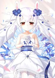  absurdres animal_ears azur_lane bare_shoulders blush bow collarbone commentary_request crying crying_with_eyes_open dress fake_animal_ears female flower gloves hair_flower hair_ornament hairband highres laffey_(azur_lane) laffey_(white_rabbit&#039;s_oath)_(azur_lane) long_hair looking_at_viewer official_alternate_costume own_hands_together pantyhose rabbit_ears red_eyes smile solo strapless strapless_dress tears twintails waist_bow wedding_dress white_dress white_gloves white_hair white_pantyhose yomimafu 