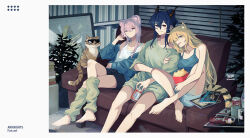  3girls animal animal_ear_fluff animal_ears arknights arm_hug bare_arms bare_shoulders barefoot black_shorts black_tail blonde_hair blue_hair blue_shorts bookshelf brown_horns can ch&#039;en_(arknights) closed_mouth collarbone copyright_name couch crossed_legs drink drink_can feet food green_eyes green_jacket green_leg_warmers green_shirt green_sports_bra hair_between_eyes hand_in_own_hair hand_up holding holding_drink horns indoors jacket knees_up leaning leaning_on_person leg_warmers lin_(arknights) long_hair looking_at_viewer magazine_(object) multiple_girls oerba_yun_fang off_shoulder on_couch open_mouth peppsi_(saba_sabasuk0) pink_eyes pink_hair plant popcorn potted_plant profile shelf shirt short_hair short_sleeves shorts sidelocks signature sitting sleeveless smile sports_bra sunglasses swire_(arknights) t-shirt tail tank_top toes twitter_username watermark white_tank_top yellow_tail 