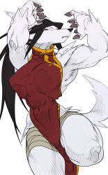  abs absurd_res action_pose anthro arm_tuft armpit_hair arms_above_head asian_clothing bandage bandaged_leg biped black_hair body_hair breasts canid canine chinese_clothing chinese_dress claws clothing digital_media_(artwork) dress east_asian_clothing female fur hair hatching_(art) hi_res kemono long_hair looking_at_viewer mammal muscular muscular_anthro muscular_female nipple_outline paws pose quququl shaded shoulder_tuft simple_background solo tail tuft white_background white_body white_fur 