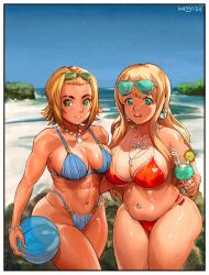  2girls abs absurdres ball beach beachball bikini blonde_hair blush bracelet breasts cleavage condom condom_wrapper drink drinking_straw earrings eyewear_on_head fingernails food fruit gem goggles goggles_on_head green_eyes heart highleg highleg_bikini highres huge_breasts jewelry k-on! keigi kiwi_(fruit) kiwi_slice kotobuki_tsumugi large_breasts long_hair multiple_girls nail_polish navel navel_piercing necklace ocean open_mouth piercing pink_nails plump red_bikini sand seashell shell shell_necklace short_hair sidelocks signature skindentation sunglasses swimsuit tainaka_ritsu thick_eyebrows thick_thighs thighs wide_hips yellow_nails 