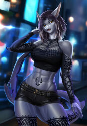  2024 5_fingers abs anthro arm_tattoo armwear athletic athletic_anthro athletic_female belly_tattoo black_hair bottomwear breasts clothed clothed_anthro clothed_female clothing elvofirida female fingers fish fishnet_clothing fishnet_topwear grey_body grey_skin hair hi_res humanoid_hands laguna_silverjaw leg_tattoo marine night open_mouth shark shorts solo street tail tail_tattoo tattoo thigh_tattoo tongue topwear 