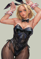  animal_ears black_leotard blonde_hair blue_eyes breasts bunny_day cammy_white detached_collar fake_animal_ears female highleg highleg_leotard highres leotard miche pantyhose playboy_bunny rabbit_ears scar short_hair solo strapless strapless_leotard street_fighter street_fighter_6 wrist_cuffs 