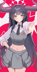  absurdres black_hair black_necktie blush closed_mouth collared_shirt cross_in_eye demon_horns diein_(djmax) djmax djmax_respect english_commentary eyelashes female frown grey_skirt hair_intakes hand_on_own_hip highres horns large_horns long_hair long_sleeves looking_at_viewer midriff mushpz navel necktie reaching reaching_towards_viewer red_pupils shirt sidelocks skirt solo standing stomach very_long_hair yellow_eyes 