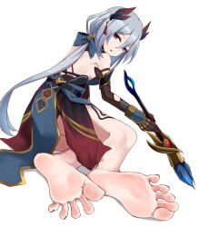  absurdres barefoot feet foot_focus from_behind greek_toe hanya_(honkai:_star_rail) highres honkai:_star_rail honkai_(series) iberiko_(soinesitai) looking_at_viewer shiny_skin sitting soles toes white_background yokozuwari 