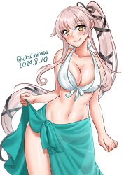  absurdres aqua_sarong bikini breasts cleavage cowboy_shot dated female front-tie_bikini_top front-tie_top hair_flaps hair_ribbon highres kantai_collection katou_shinobu large_breasts long_hair one-hour_drawing_challenge pink_hair ponytail ribbon sarong sarong_hold simple_background solo swimsuit twitter_username white_background white_bikini yellow_eyes yura_(kancolle) yura_(swimsuit_mode)_(kancolle) 