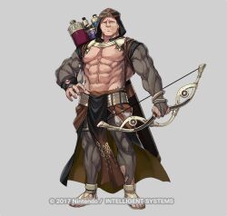  1boy abs bara blonde_hair bodystocking bow_(weapon) bracelet capelet commentary company_name dai-xt fire_emblem fire_emblem:_three_houses fire_emblem_heroes full_body gem holding holding_bow_(weapon) holding_weapon hood hooded_capelet jewelry large_pectorals looking_at_viewer male_focus muscular muscular_male navel no_nipples official_art pectorals pelvic_curtain raphael_kirsten raphael_kirsten_(plegian) red_gemstone sandals solo torn_bodystocking torn_clothes veins veiny_arms weapon yellow_eyes 