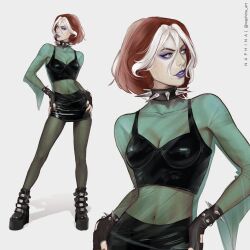  artist_request boots breasts brown_hair collar dyed_bangs female gloves high_heel_boots high_heels makeup marvel multicolored_hair pantyhose pencil_skirt rogue_(x-men) skirt smile solo spiked_collar spikes two-tone_hair white_hair x-men x-men_evolution 