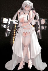  alternate_costume black_hair breasts bridal_veil chinese_commentary cleavage commentary_request destroyer_(girls&#039;_frontline) dress female full_body gaia_(girls&#039;_frontline) girls&#039;_frontline grenade_launcher hair_between_eyes high_heels highleg highleg_panties highres long_hair looking_at_viewer multicolored_hair navel panties parted_lips popoman sangvis_ferri shoes simple_background smile solo streaked_hair thighhighs two-tone_hair underwear veil weapon wedding_dress white_dress white_hair white_panties white_thighhighs yellow_eyes 