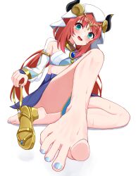  absurdres bare_legs barefoot feet foot_focus genshin_impact highres holding holding_shoes iberiko_(soinesitai) nail_polish nilou_(genshin_impact) red_hair shoes sitting soles sweat toenail_polish toenails toes 