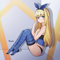  artist_name bare_shoulders black_panties blonde_girl_(popopoka) blonde_hair blue_hairband blue_nails blue_thighhighs borrowed_character crop_top female from_side frown green_eyes hairband hand_up highres long_hair nail_polish original panties shiny_skin sitting solo thighhighs underwear yellyvi 