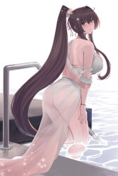  absurdres ass bikini breasts brown_hair cherry_blossoms female flower hair_between_eyes hair_flower hair_intakes hair_ornament highres huge_breasts kantai_collection long_hair odachu official_alternate_costume ponytail pool red_eyes sarong see-through see-through_sarong sidelocks smile solo swimsuit very_long_hair wading white_bikini yamato_(kancolle) yamato_kai_ni_(kancolle) yamato_kai_ni_(swimsuit_mode)_(kancolle) 