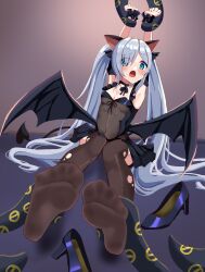  absurdres animal_ear_legwear ascot azur_lane bat_wings black_ascot bound bound_ankles bound_wrists feet foot_focus halloween_costume highres iberiko_(soinesitai) janus_(azur_lane) janus_(fright-night_scaredy-cat)_(azur_lane) official_alternate_costume pantyhose sitting torn_clothes torn_pantyhose wings 