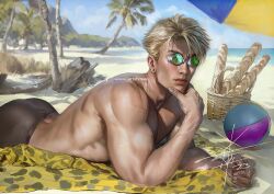  1boy animal_print ball bara basket beach beachball blonde_hair blue_sky bread closed_mouth cloud food goggles hand_on_own_chin jujutsu_kaisen leopard_print looking_at_viewer male_focus muscular muscular_male nanami_kento outdoors palm_tree short_hair signature sky solo topless_male tree umbrella xteve_abanto 